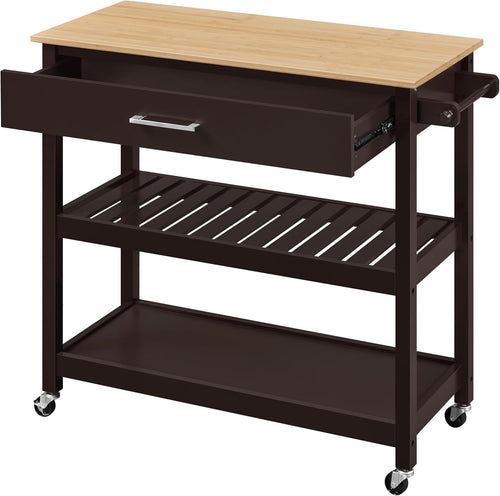 Rolling Kitchen Island Trolley Cart with Bamboo Top, Drawer & Shelves