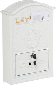 Vintage Wall Mounted Letterbox White Gold Lockable A4 Mail Slot Ornate Design