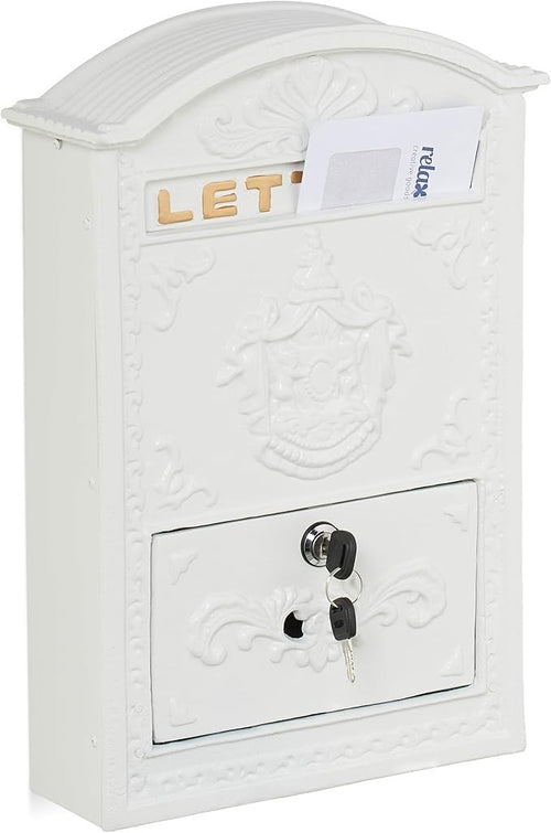 Vintage Wall Mounted Letterbox White Gold Lockable A4 Mail Slot Ornate Design