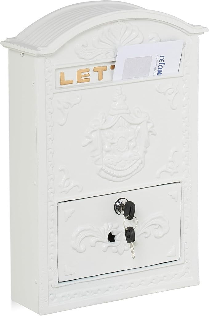 Vintage Wall Mounted Letterbox White Gold Lockable A4 Mail Slot Ornate Design