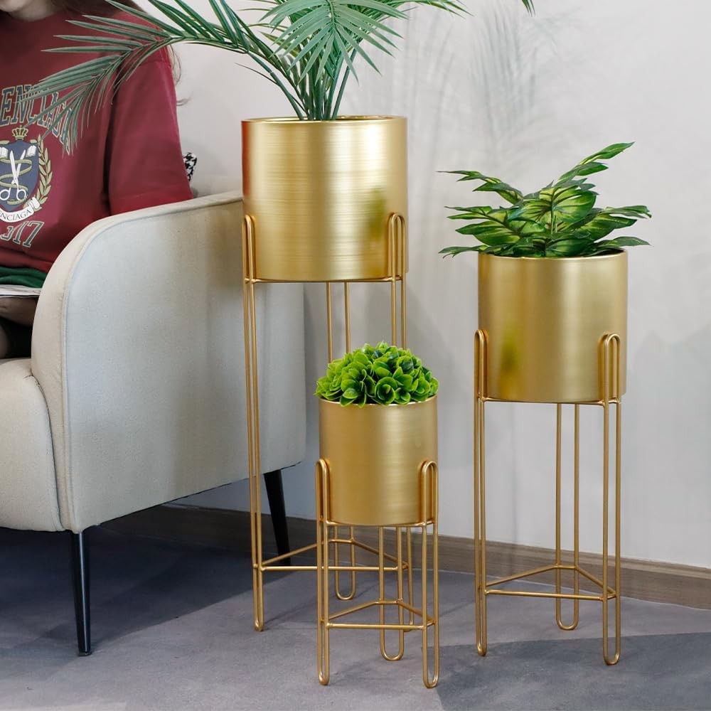 Set of 3 Gold Metal Plant Stands with Pots Modern Tall Indoor Decorative Planter