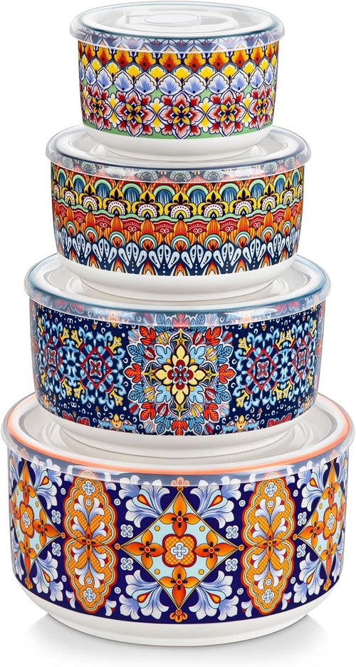 4-Piece Ceramic Mixing Bowls with Lids 60-10oz Microwave Safe