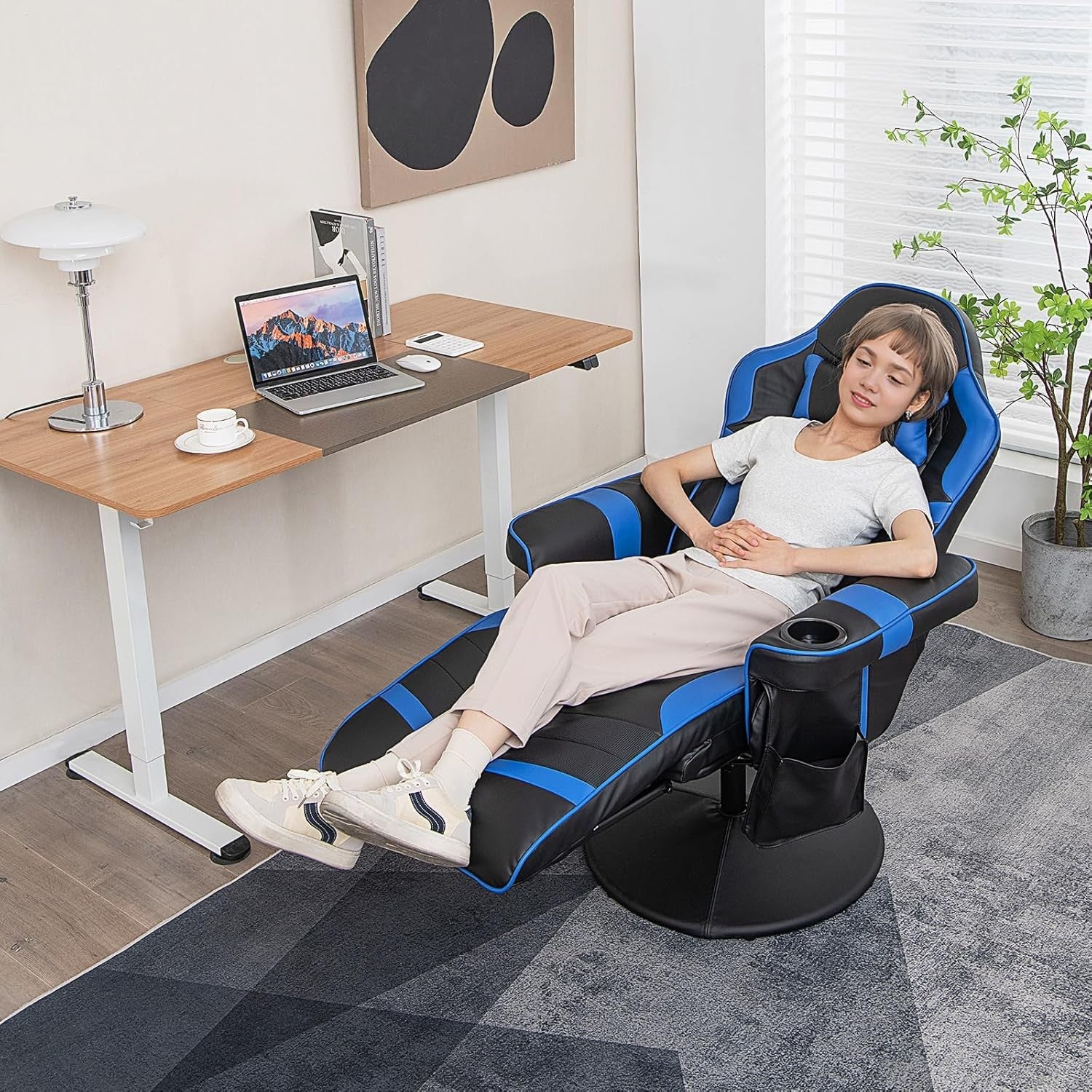 Massage Gaming Chair Recliner w/ Footrest Cup Holder Blue