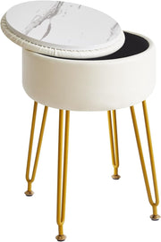 White Faux Leather Round Vanity Stool with Storage & Gold Metal Legs