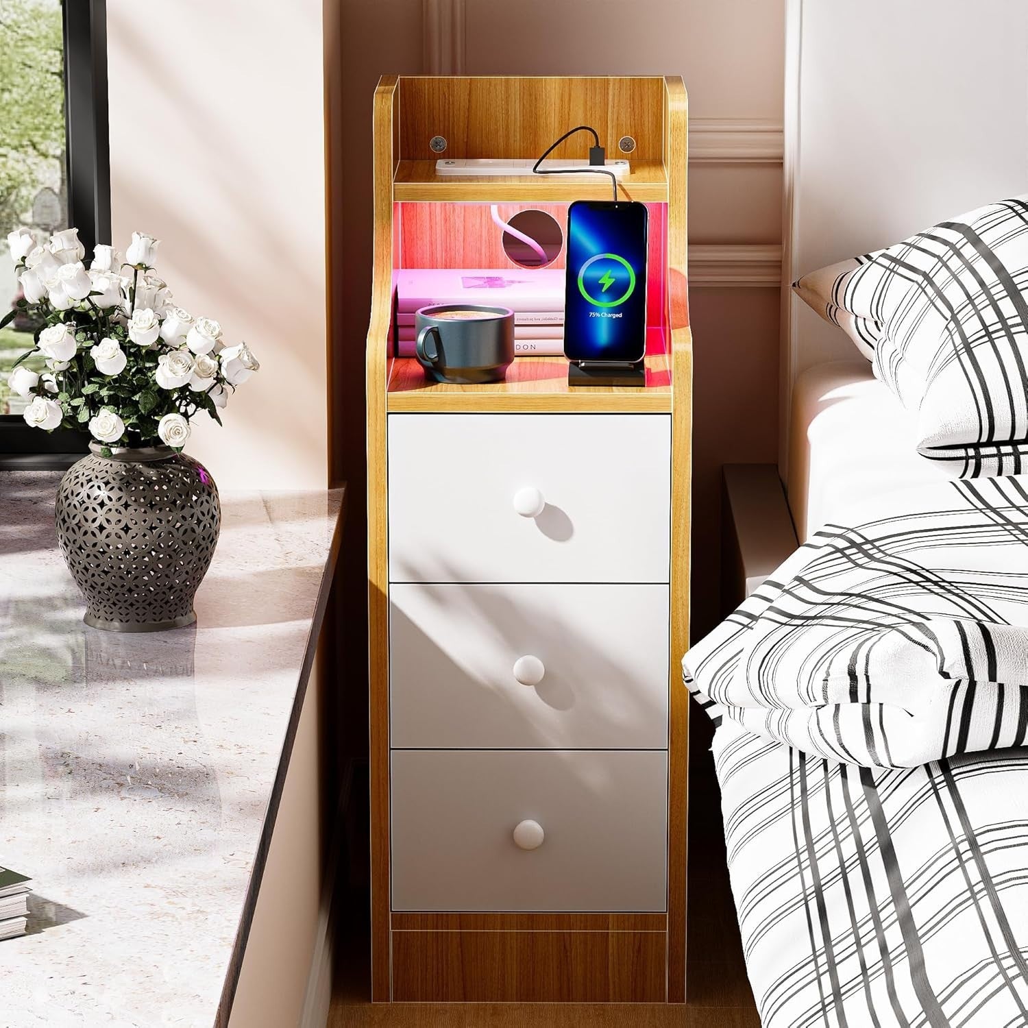 Slim Oak 3 Drawer Bedside Table with RGB LED Lights & Charging Station