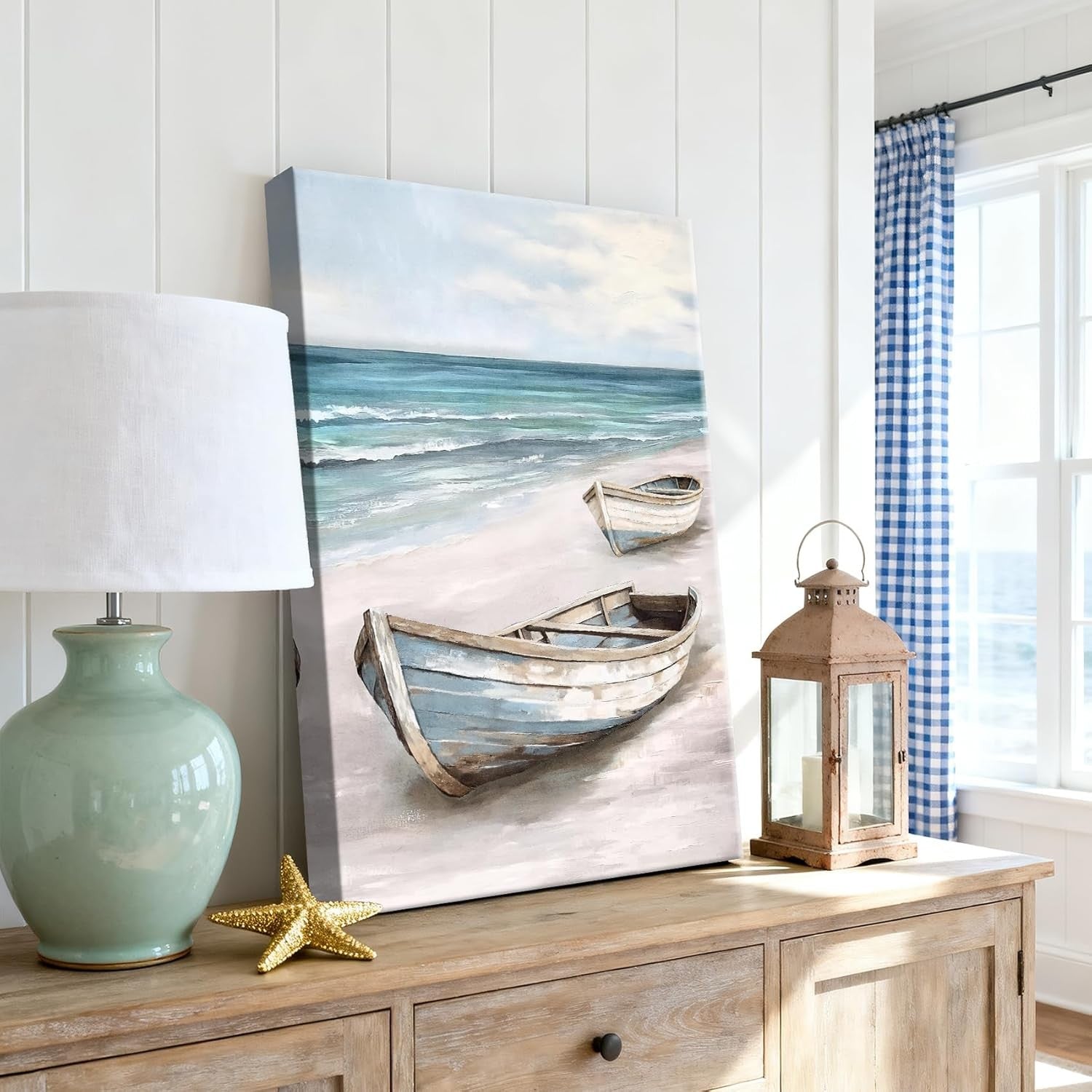 Blue White Sea Boat Canvas Wall Art 40x60cm Framed Coastal Decor