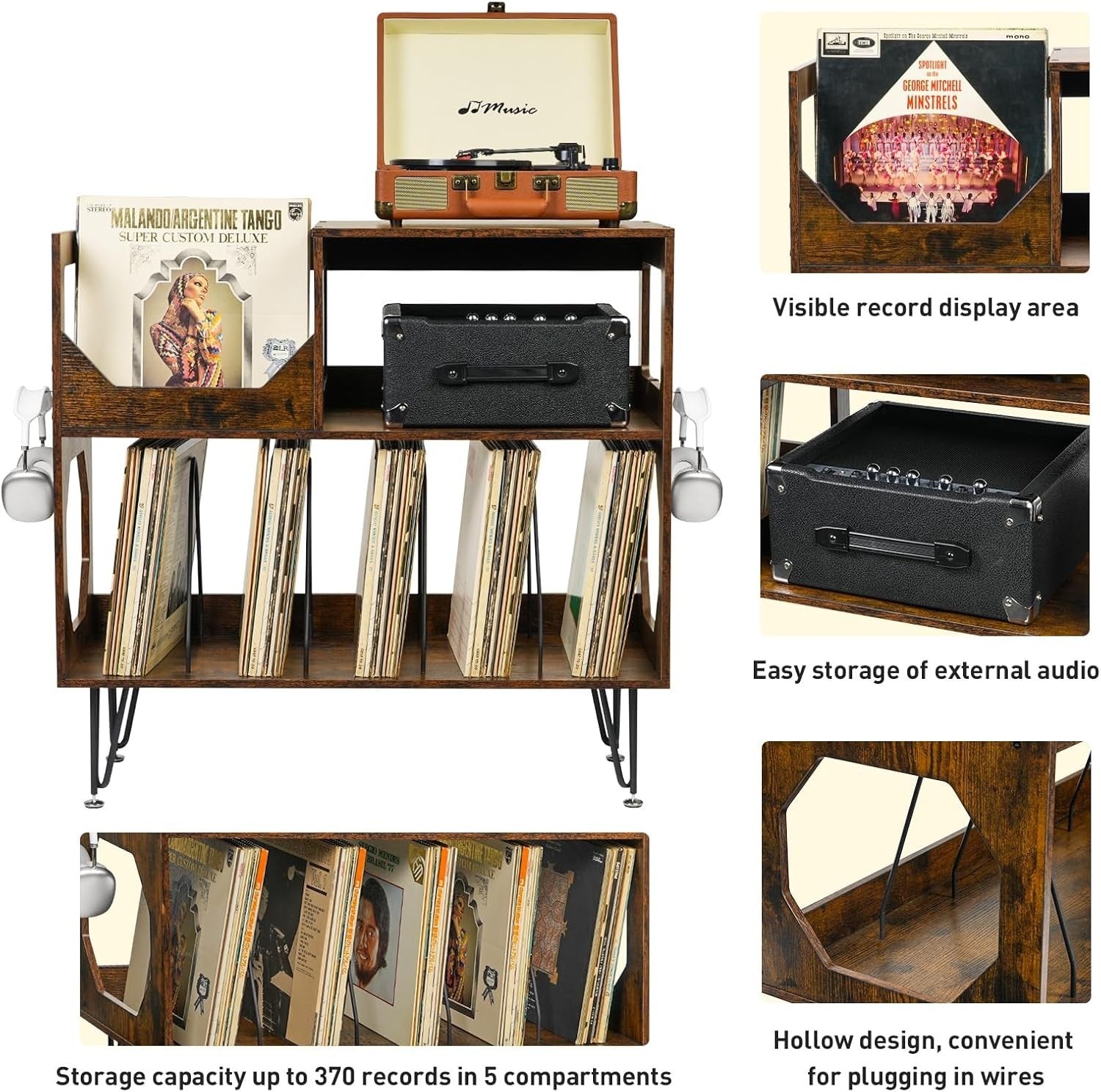 Record Player Stand Vinyl Storage Cabinet Holds 370 Albums Brown