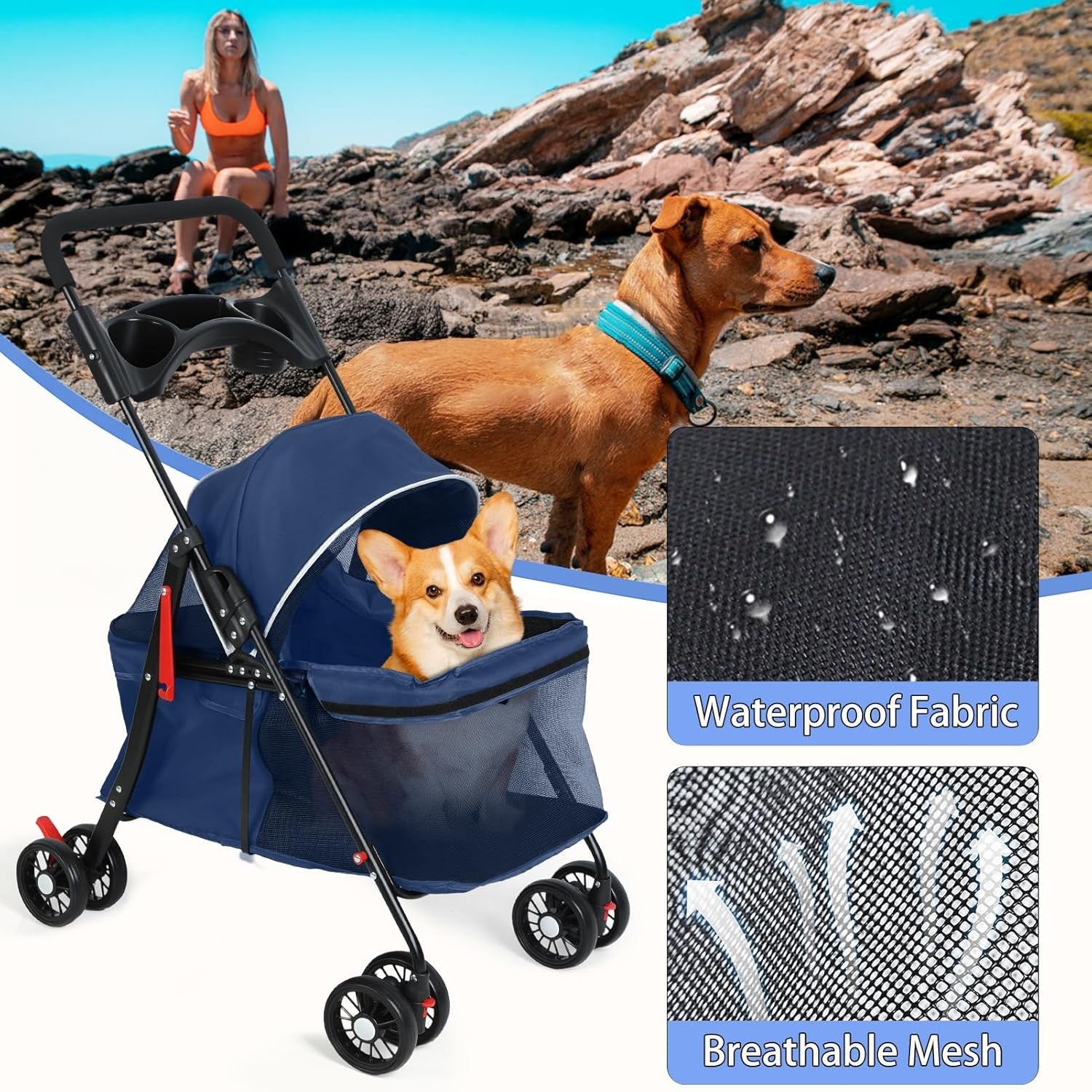 Pet Stroller for Dogs & Cats up to 50lbs 4 Wheel Foldable Travel Pushchair