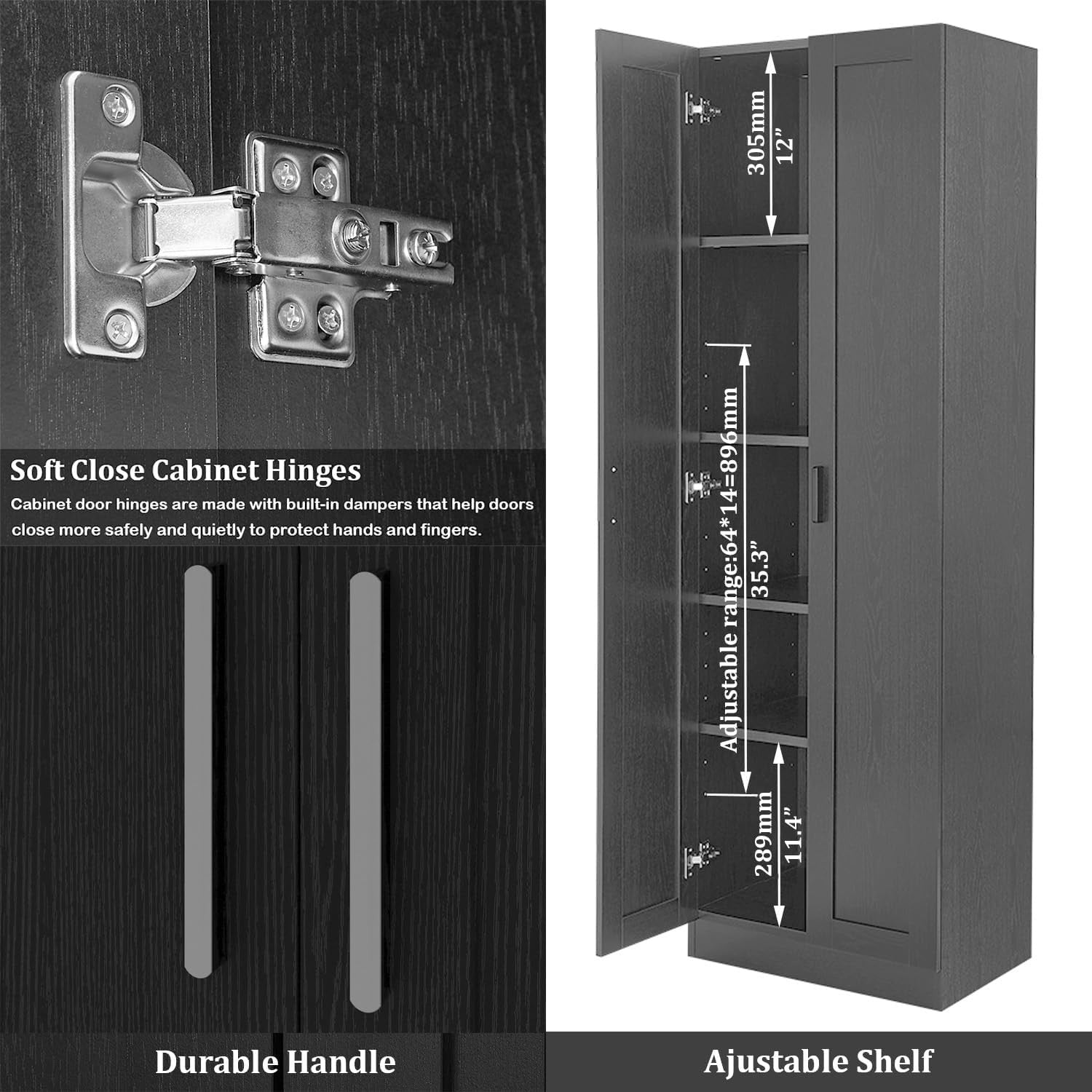Tall Black Storage Cupboard 2 Door Wooden Cabinet with Adjustable Shelves
