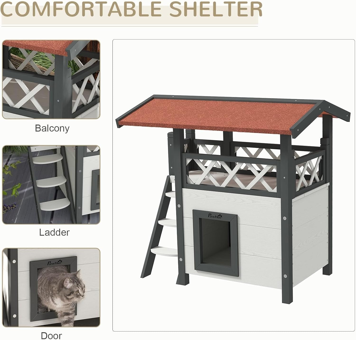 Outdoor Wooden Cat House with Balcony & Asphalt Roof, Weatherproof, White