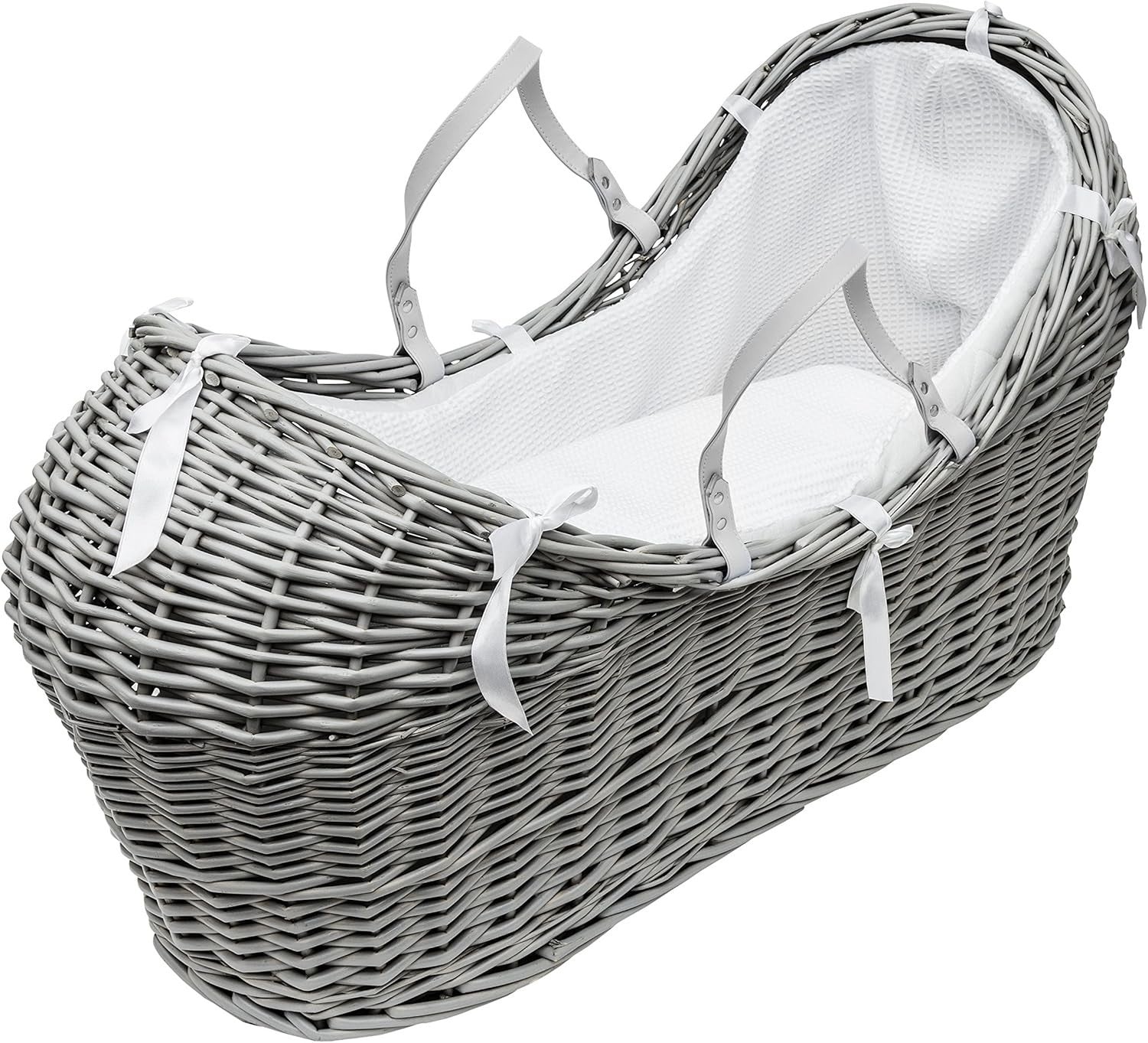 Grey Wicker Moses Basket with Full Bedding & Mattress Baby Crib Pod Bed