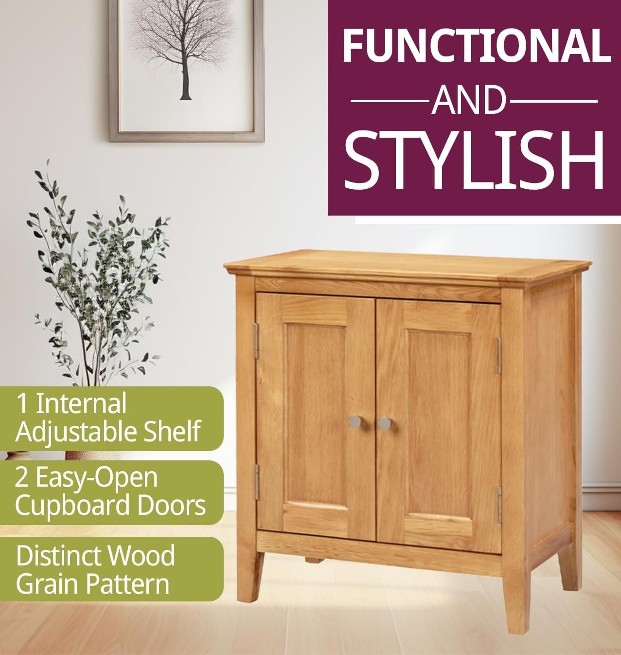 Small Solid Oak Shoe Cabinet with Adjustable Shelf, Stylish Hallway Storage