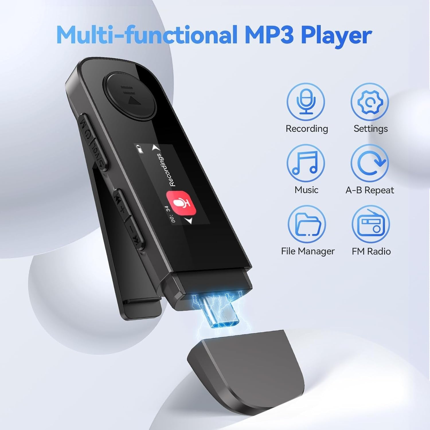 AGPTEK 64GB Bluetooth MP3 Player with Clip, USB & Type-C – Black