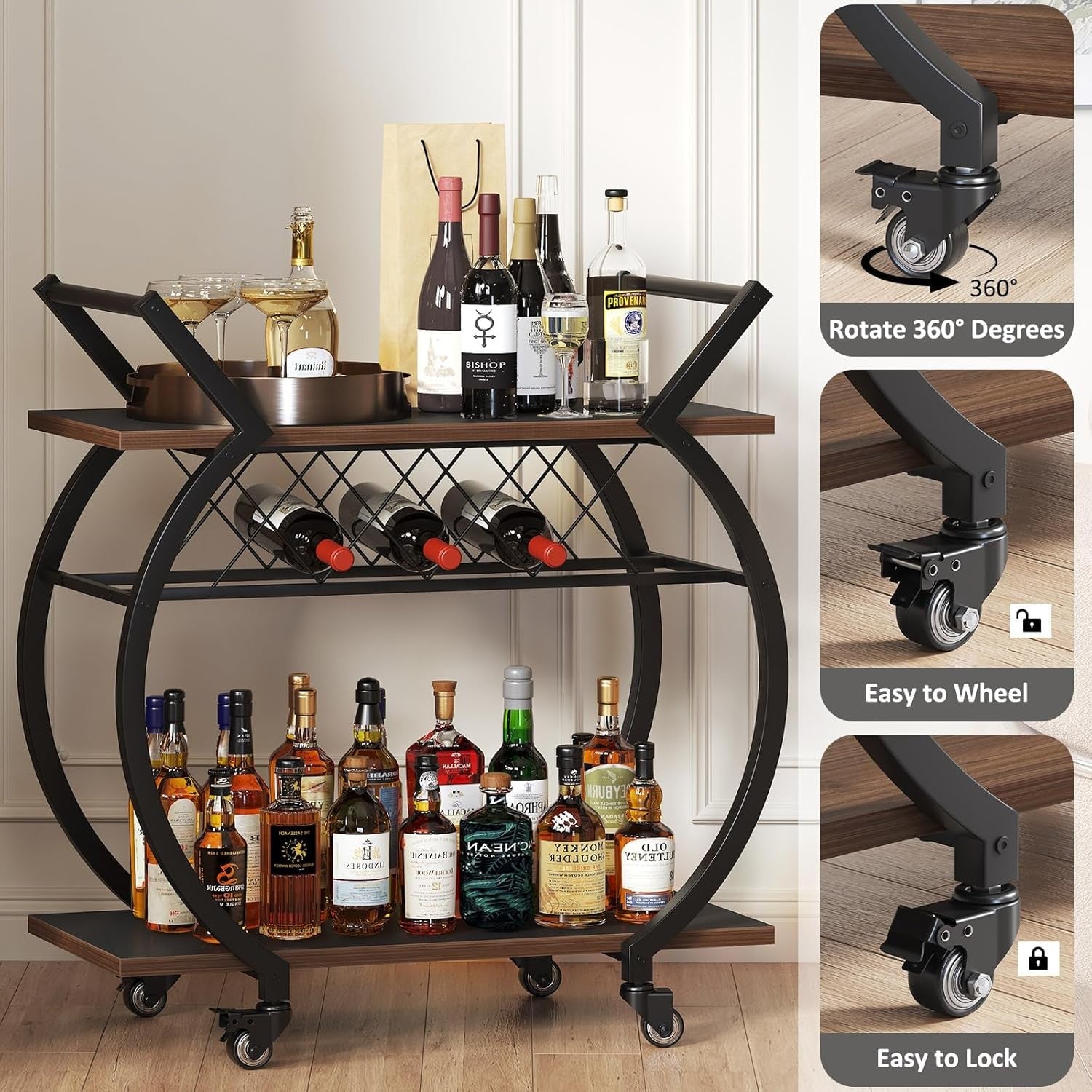 Luxury Gold Bar Cart Drinks Trolley on Wheels Wine Rack Coffee Serving Cart