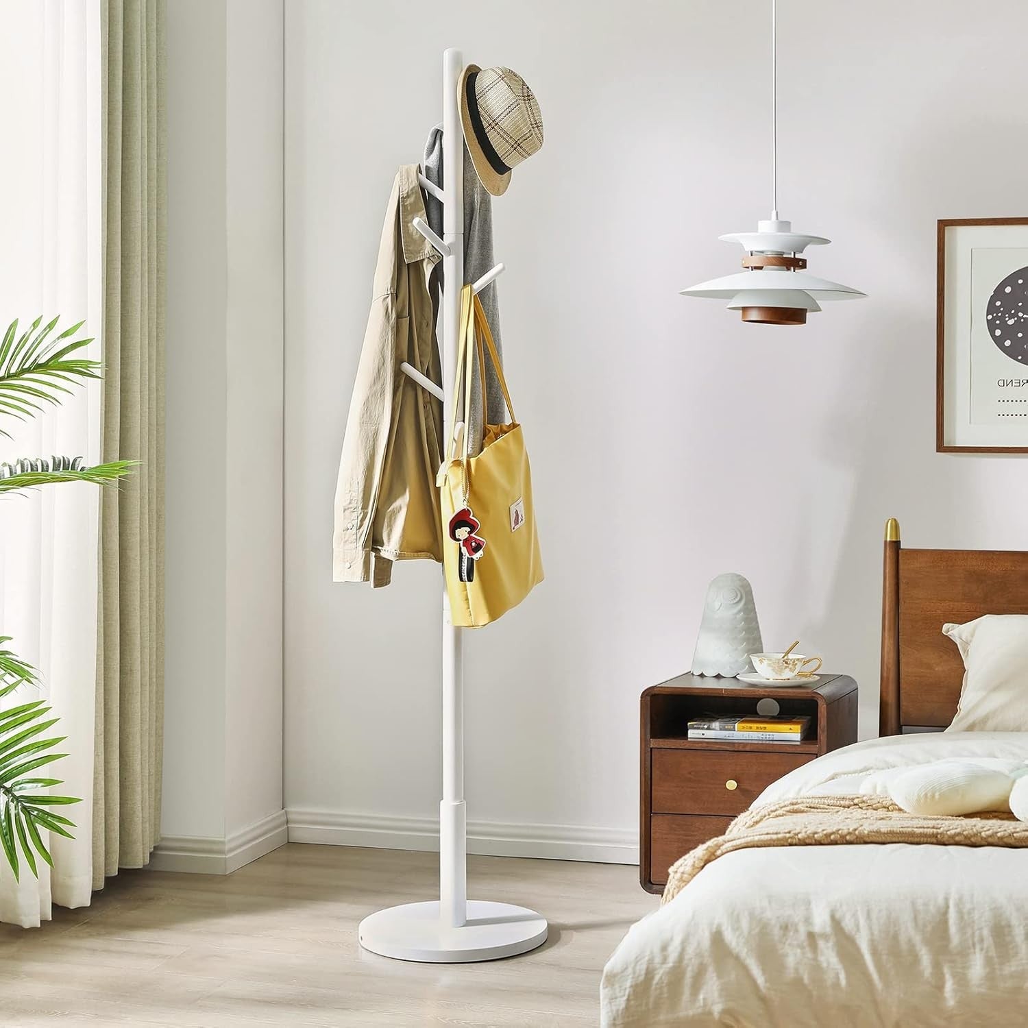 White Wooden Coat Rack Stand | 8 Hooks Round Base Hall Tree for Clothes Hats