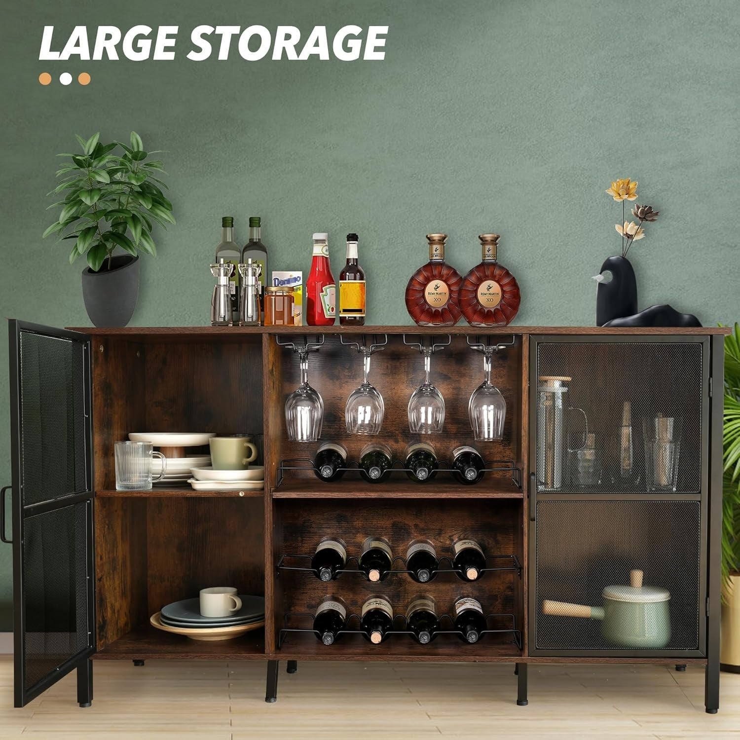 Industrial Wine Bar Cabinet with Glass Holder, Bottle Rack & Storage Sideboard