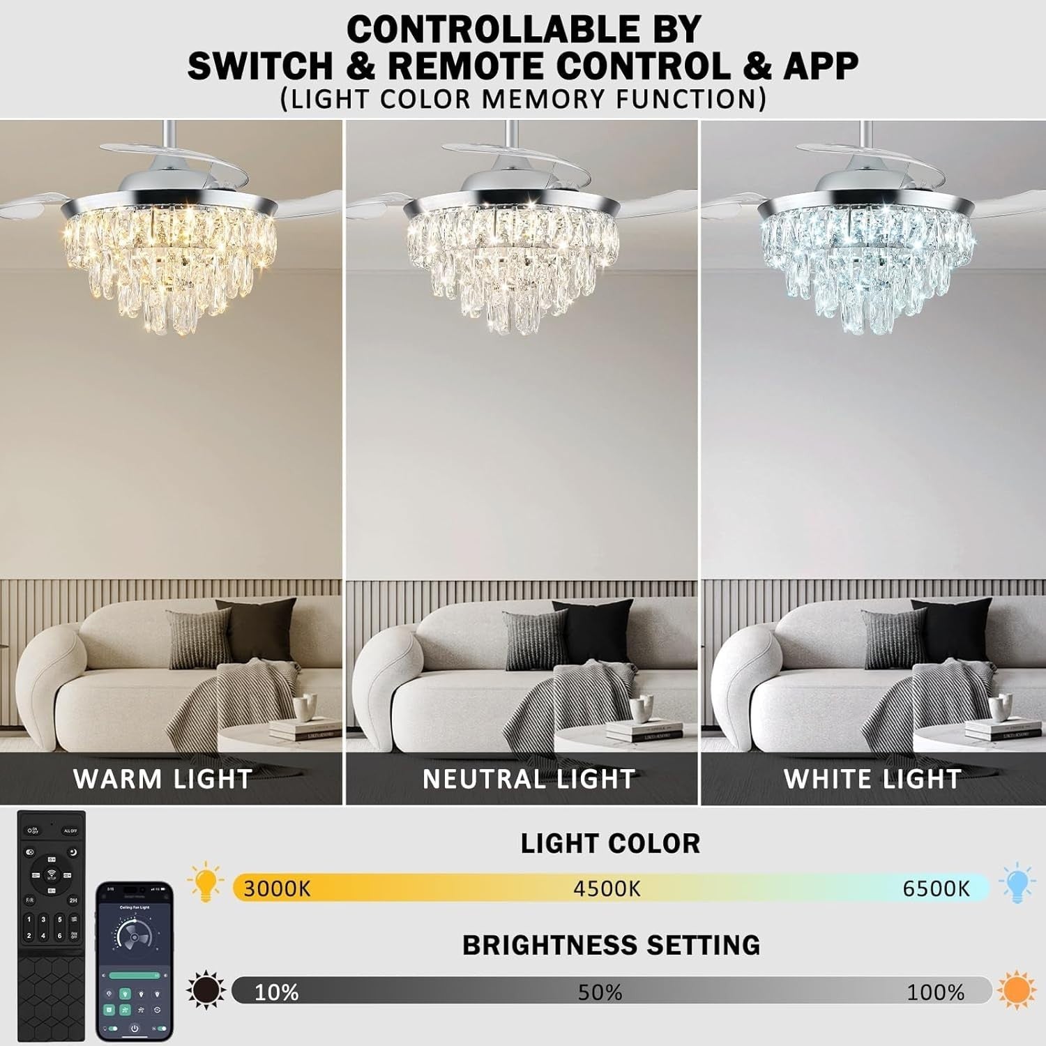42" Modern Crystal Chandelier Ceiling Fan with Light Dimmable Remote