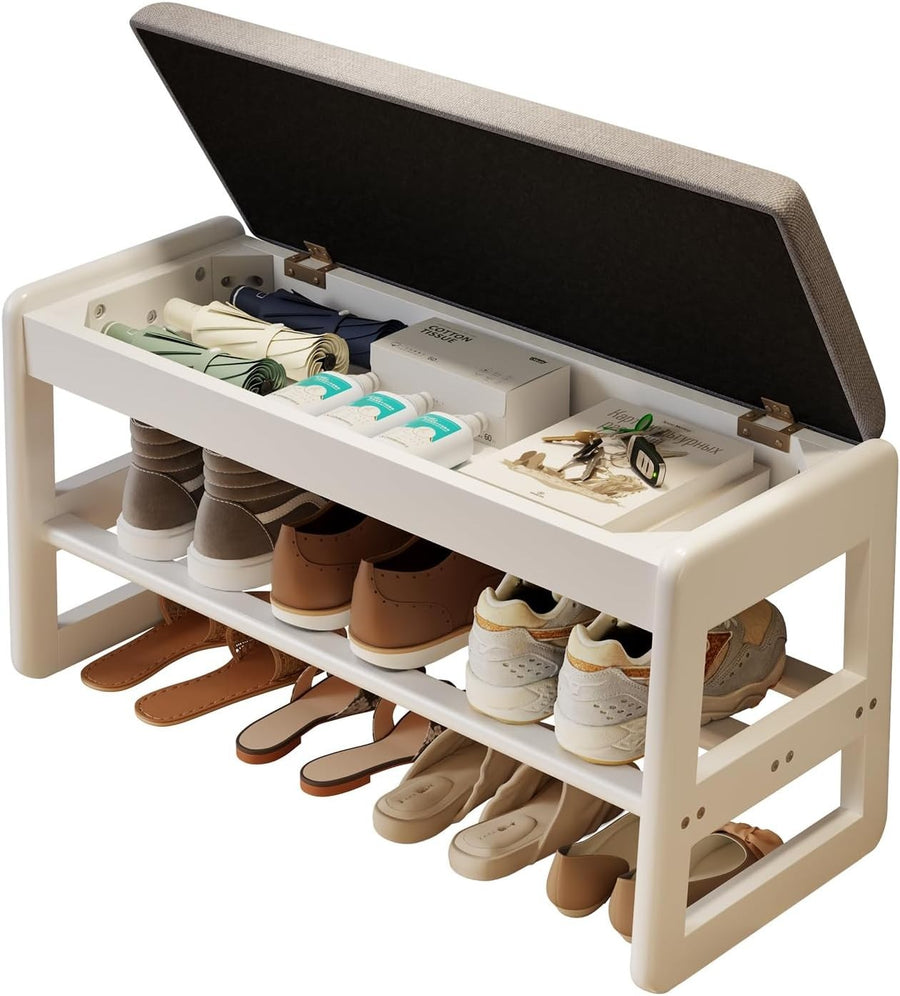 Small Flip-Top Shoe Bench with Linen Cushion | 2-Tier White Shoe Rack Entryway