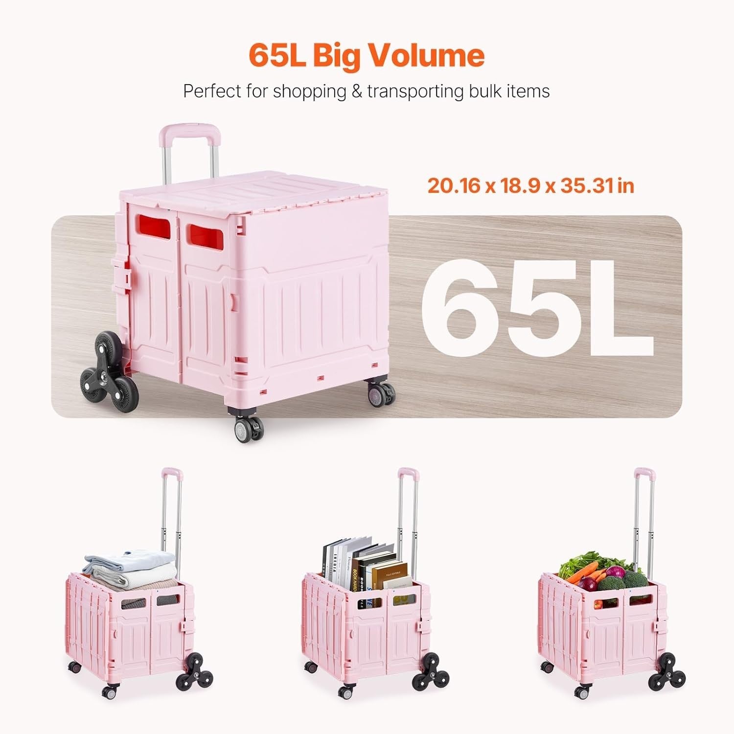 Foldable 65L Utility Cart Stair Climber Wheels Portable Pink