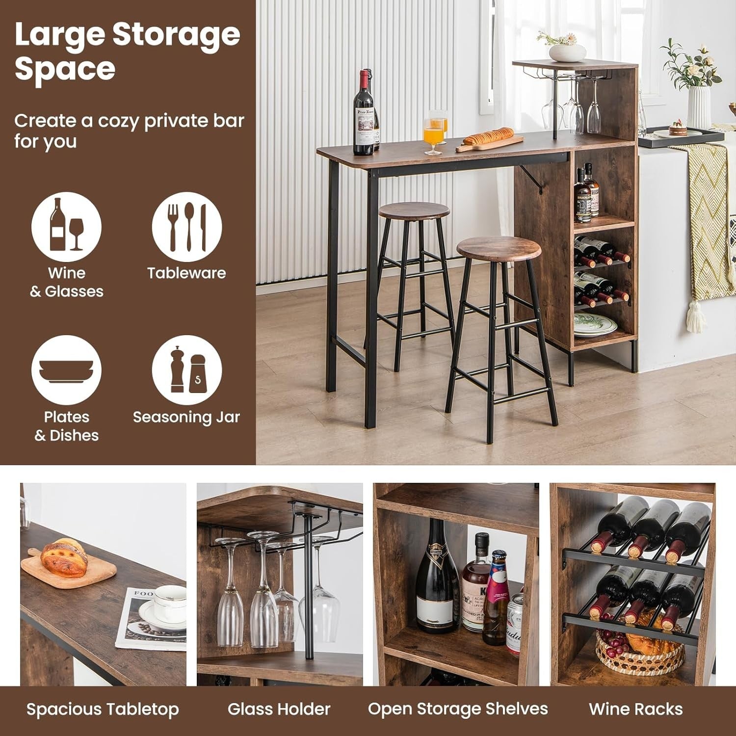 Rustic Brown Bar Table Set with Stools, Storage Shelves, Wine Rack & Foot Pads