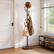 Solid Walnut Wood Coat Rack 180cm Freestanding 5 Hook Stand with Round Base