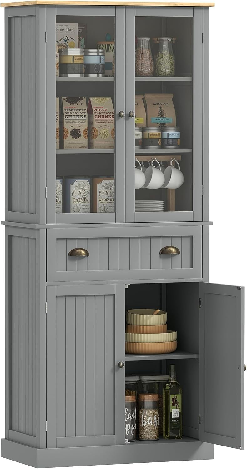 Grey Tall Kitchen Cupboard 182cm Pantry Storage Cabinet Drawer Shelves