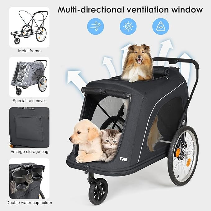 Heavy Duty Dog Stroller Trailer Foldable 3 Wheel Pushchair for Large Dogs