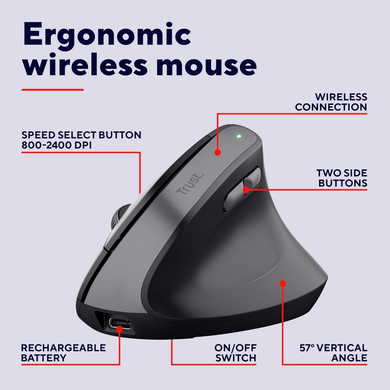 Rechargeable Vertical Ergonomic Mouse 2400 DPI 6 Button USB Black