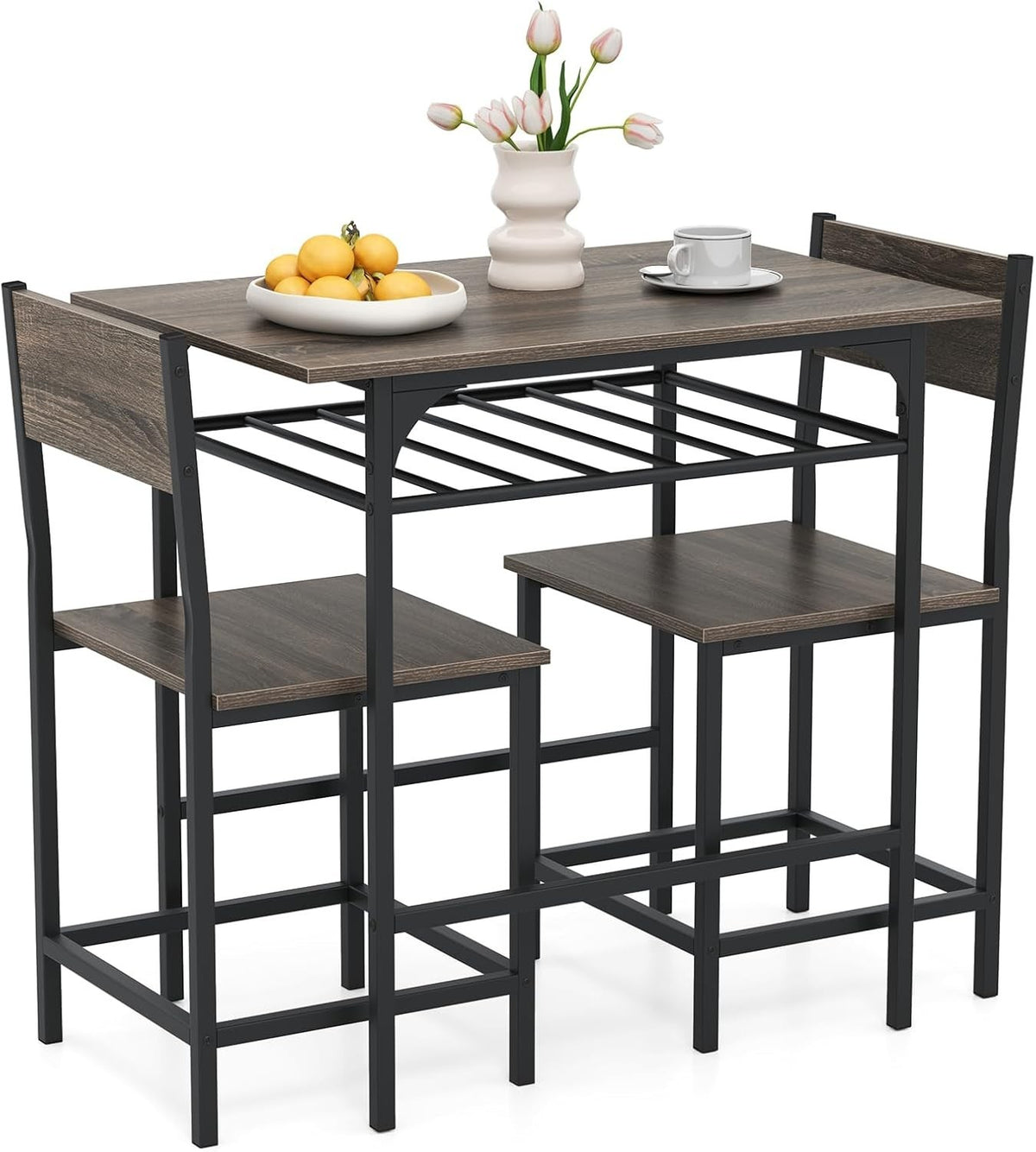 Dining Table Set Grey Storage Rack & 2 Stools, Compact Space Saving Kitchen Set