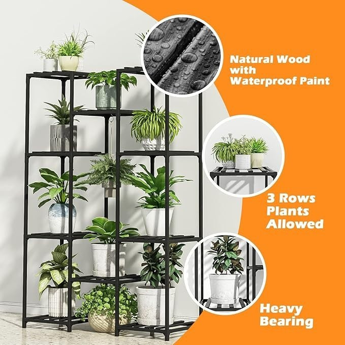 Tall Black Wooden Plant Stand Indoor Outdoor Multi-Shelf Flower Rack