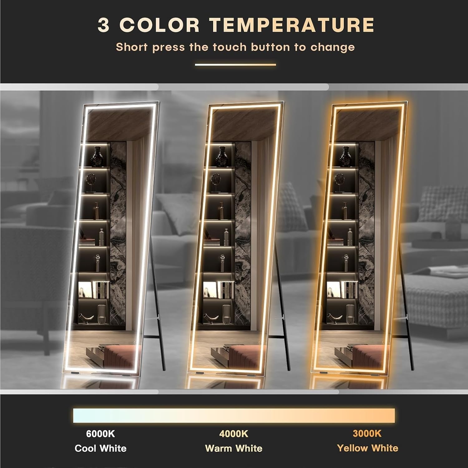 Full Length LED Mirror 160x40cm Wall Mounted Touch Dimmer Black Frame