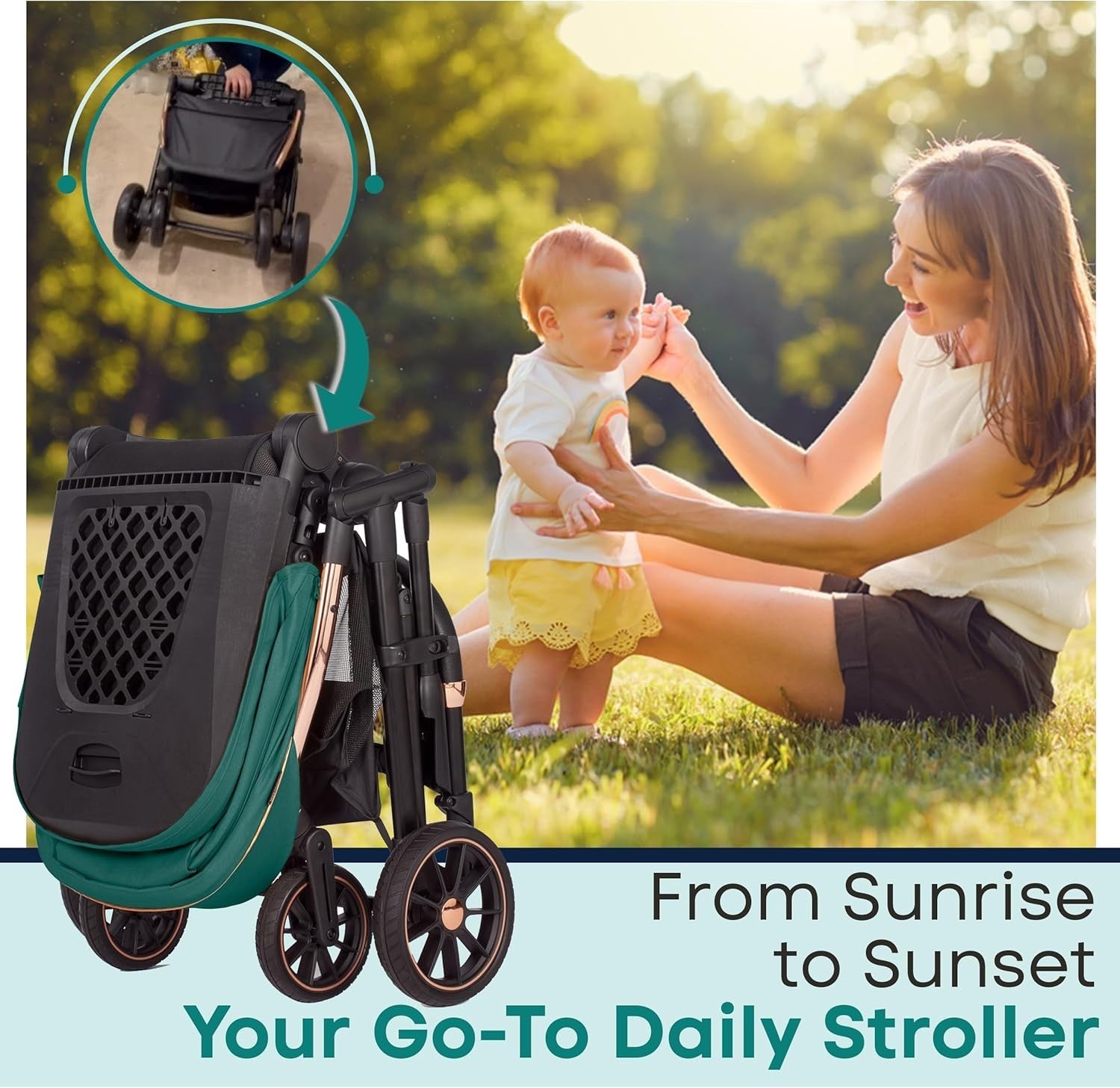 Baby Pushchair Reclining Seat Smooth Suspension Compact Stroller Green
