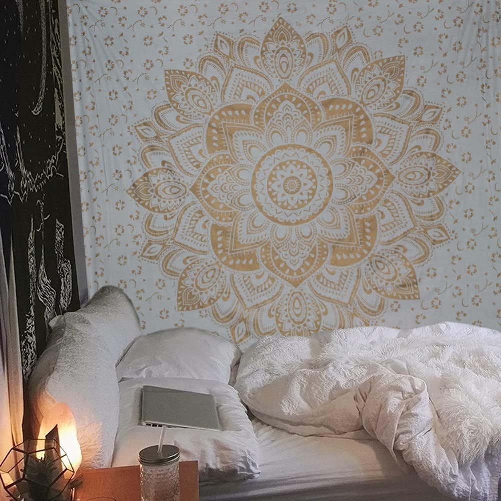 Metallic Gold Mandala Tapestry 52x60in Boho Wall Hanging Cotton
