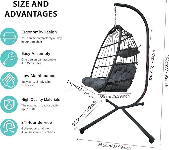 Foldable Rattan Egg Chair with Cushion Indoor Outdoor Hanging Swing Seat