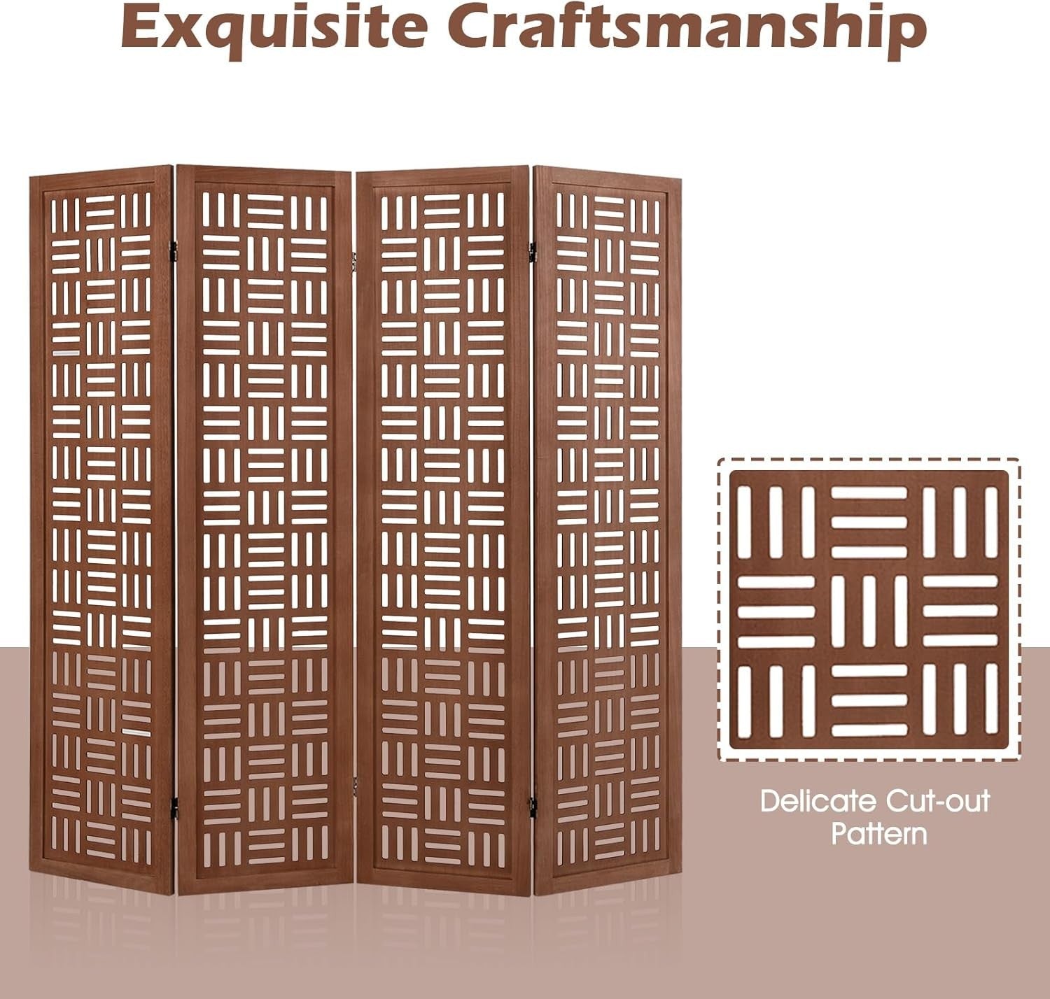 4 Panel Brown Carved Wood Folding Room Divider Privacy Screen 160x165cm