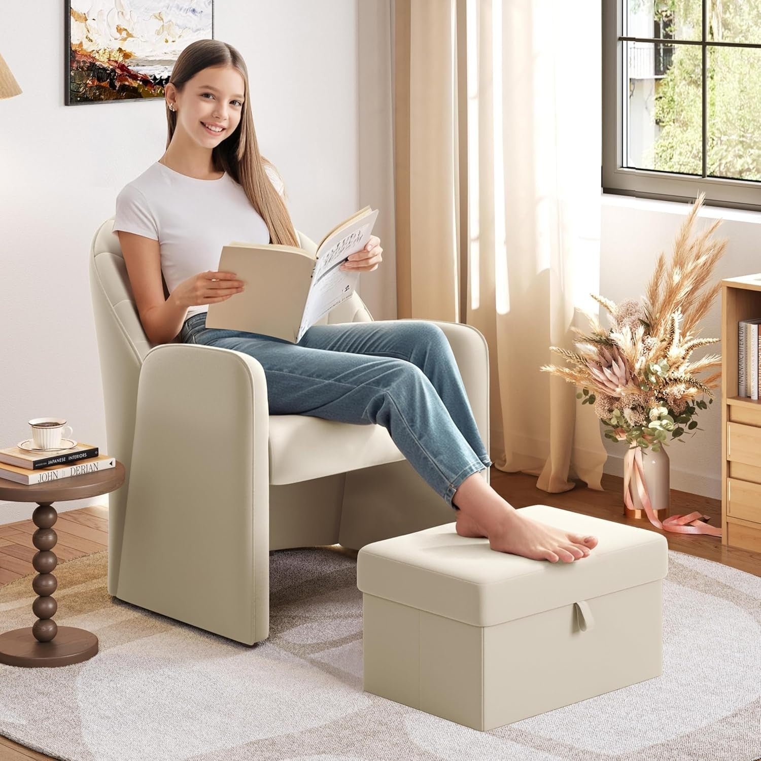 Velvet Tub Chair with Storage Ottoman & Lumbar Pillow | Modern Accent Seat
