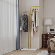 Gold Double Pole Coat Rack Freestanding with Marble Base 5 Hooks Modern