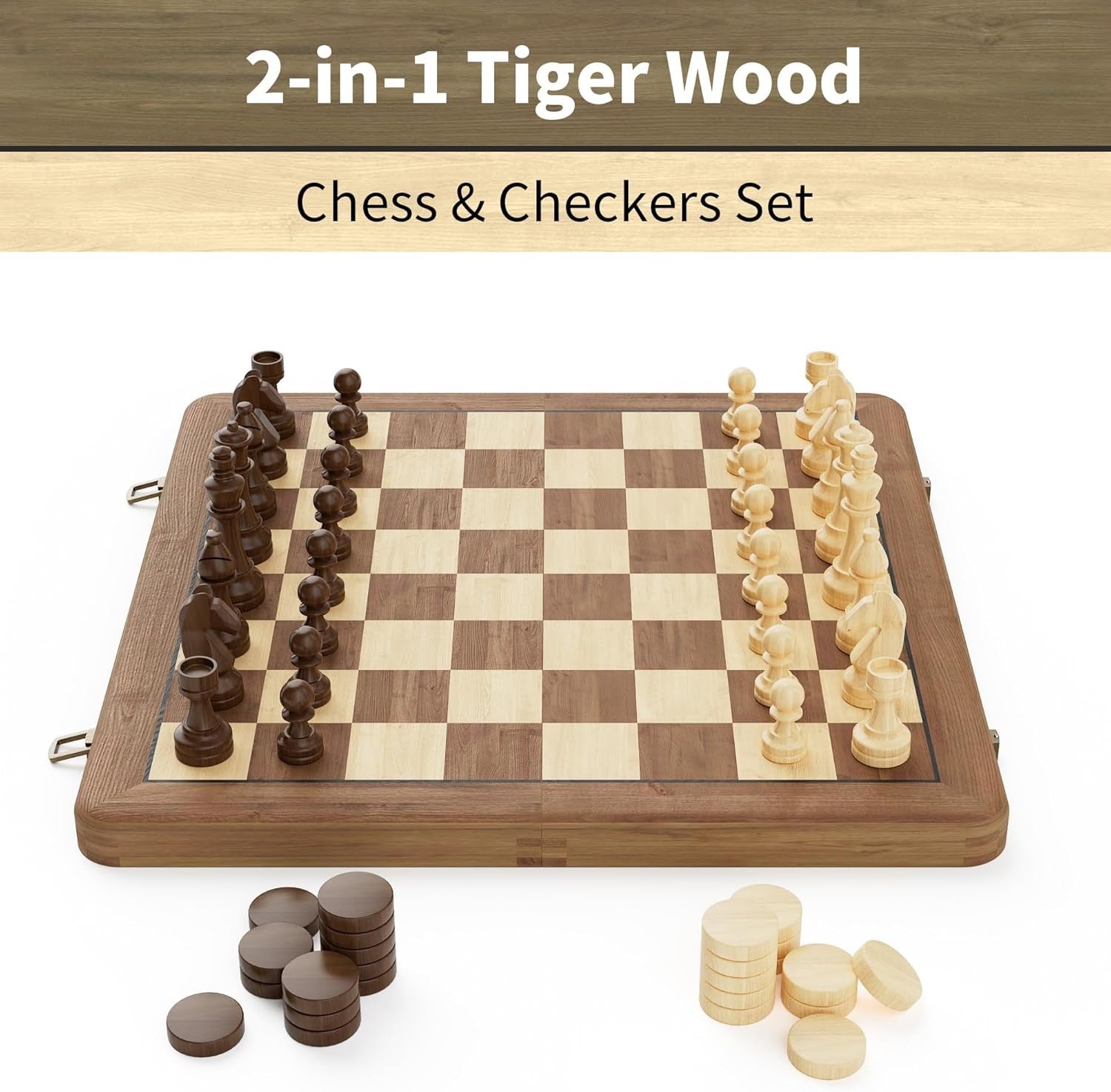 15" Magnetic Wooden Chess Set Dual-Tone Folding Board with Storage Box