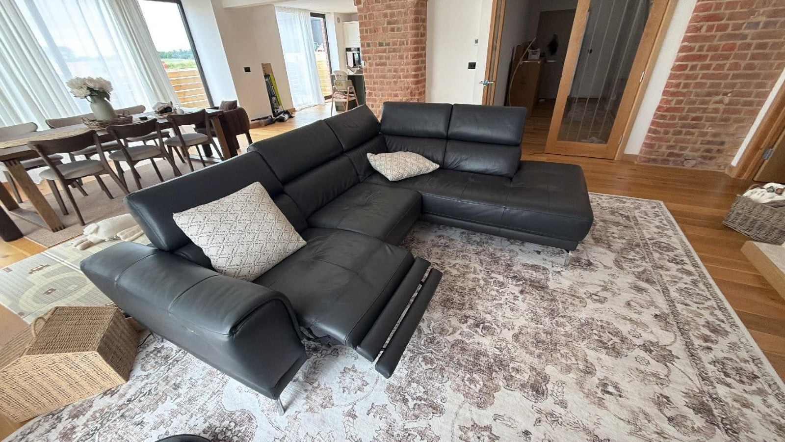 Blackish Dark Grey Leather Corner Sofa (PTP)