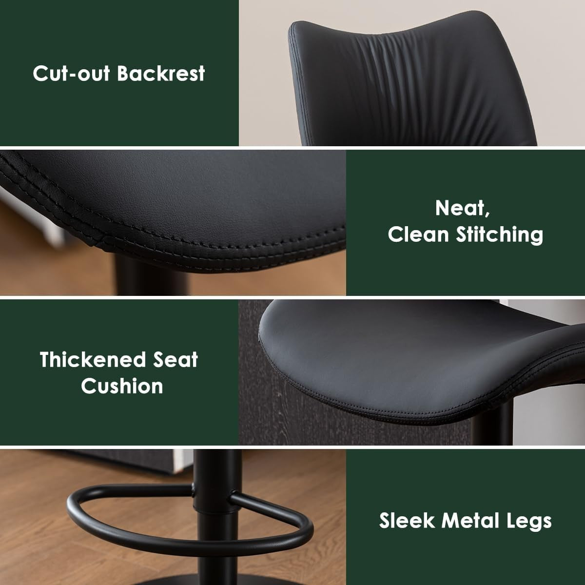 Adjustable Bar Stools 2pcs black PU Leather Swivel Kitchen Counter Chairs