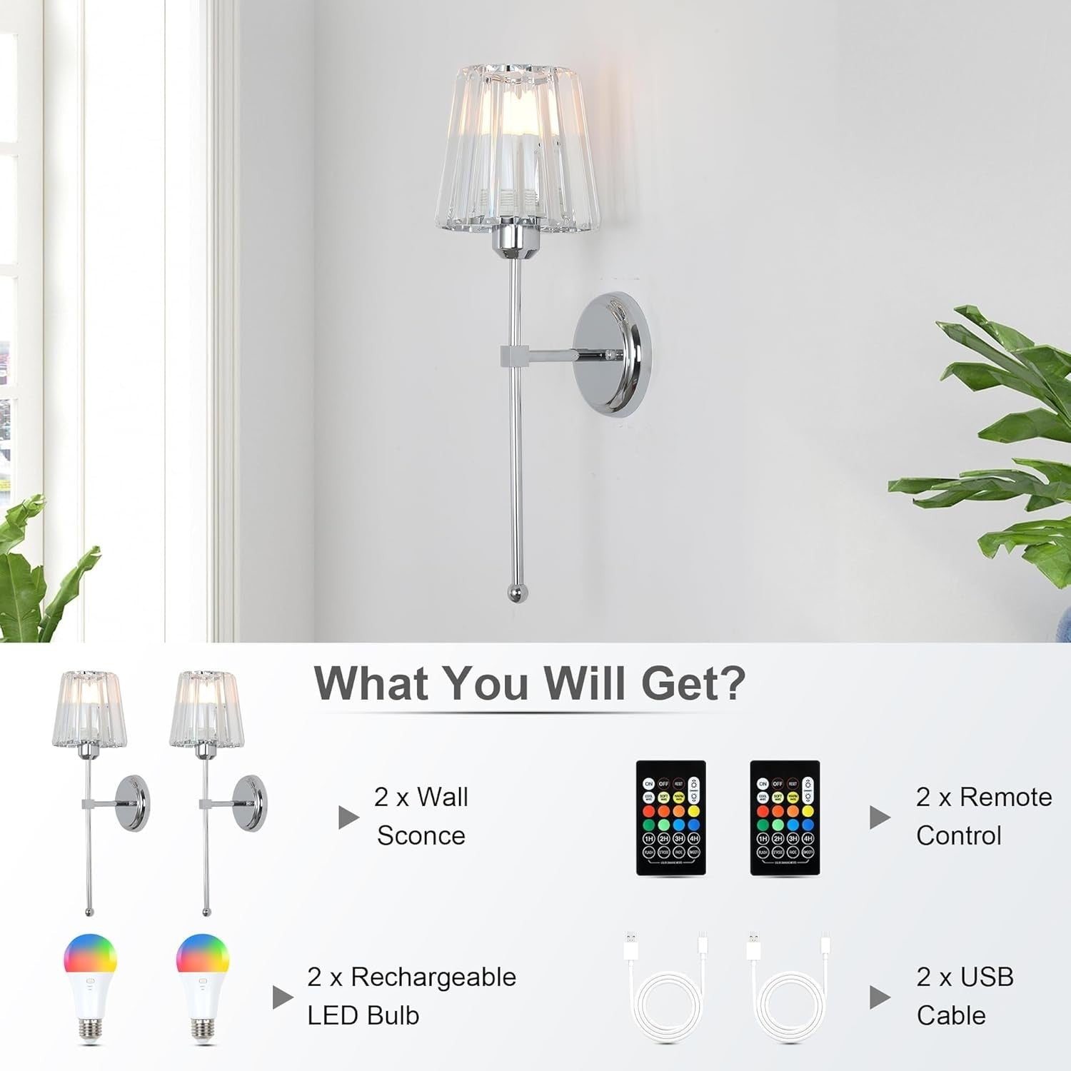 Wireless Rechargeable Wall Lights 2-Pack, Remote Control, USB Charging