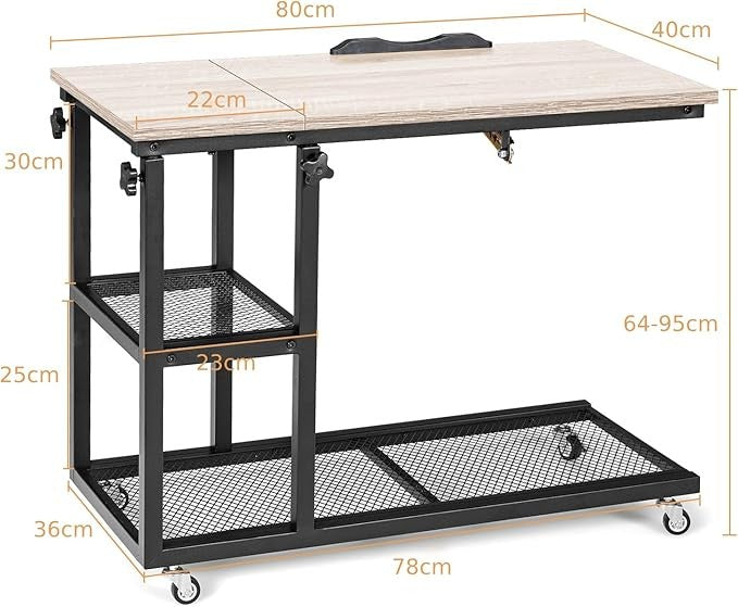 Rolling Sofa End Table Adjustable Laptop Desk Wheels Storage Natural