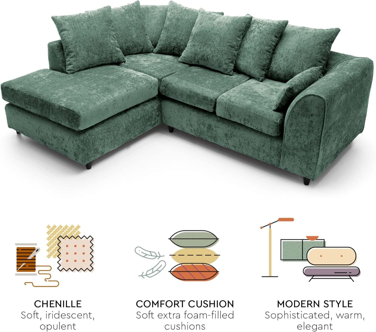 L Shaped Corner Sofa Green Chenille – 5 Seater Couch w/ Cushions & Support