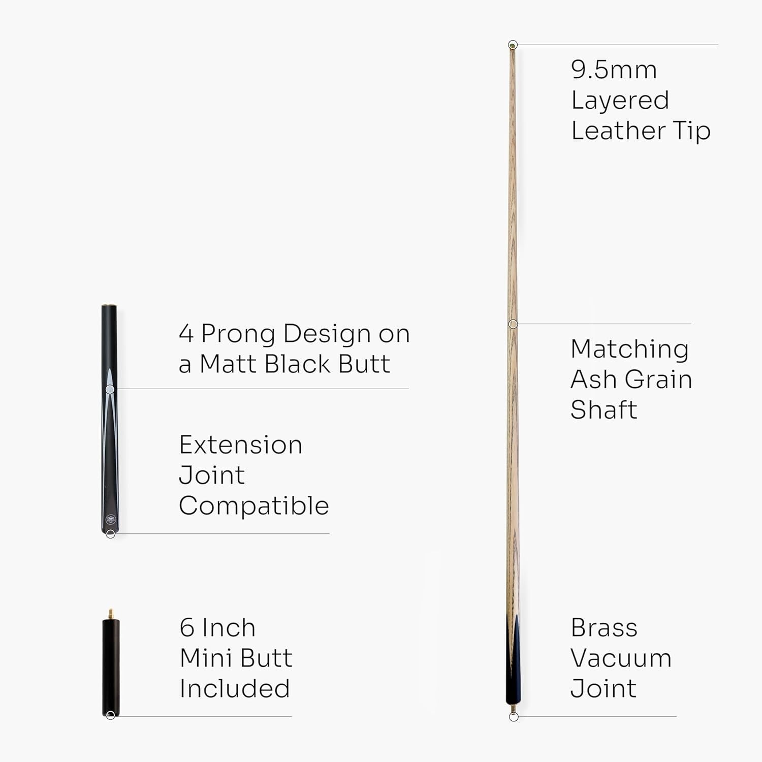 57in 3/4 Joint Ash Snooker Pool Cue 9.5mm Layered Tip Extension
