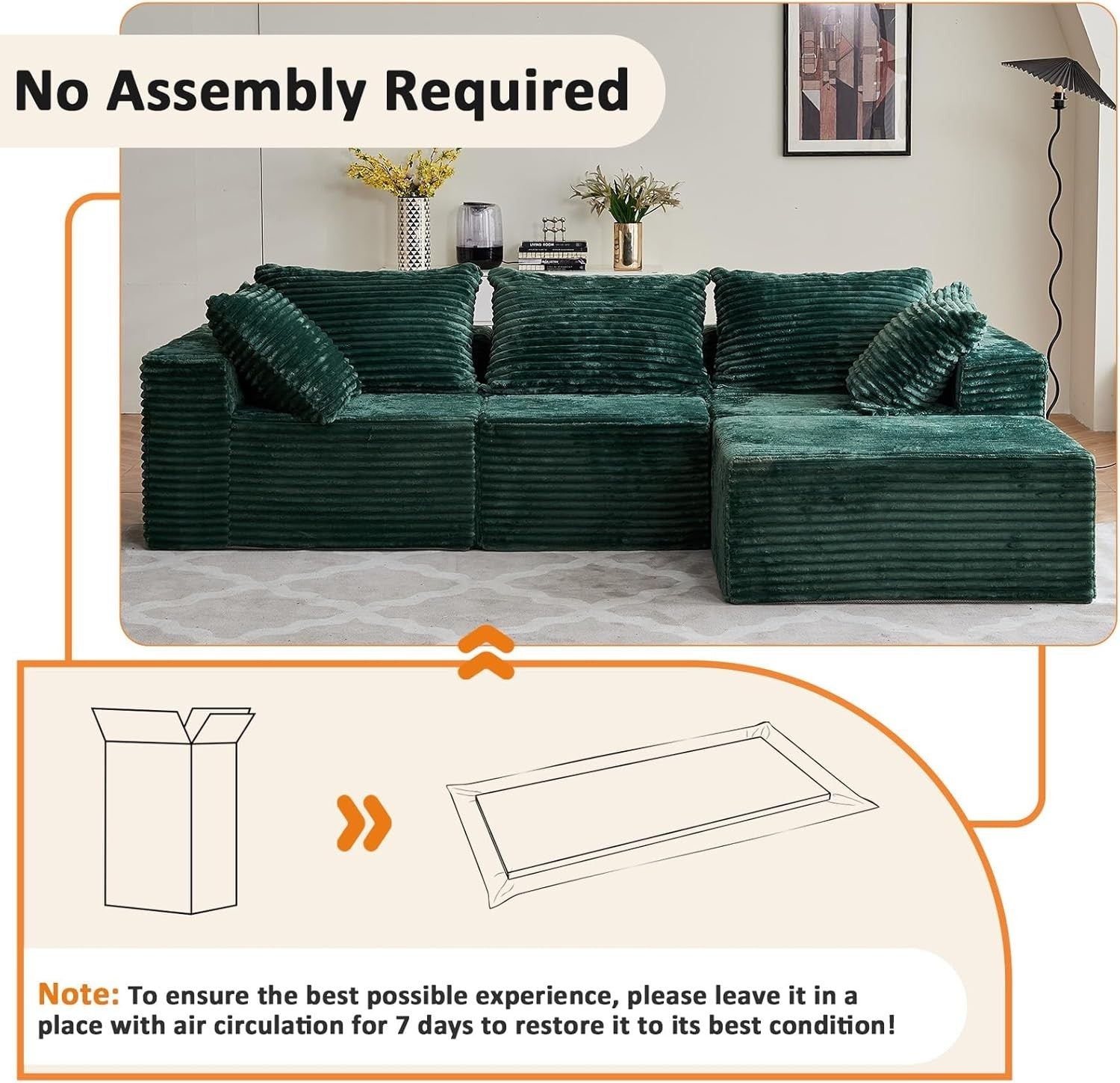 Modular 3/4 Seater Sofa Green Corner Couch No Assembly, Memory Foam, 274cm