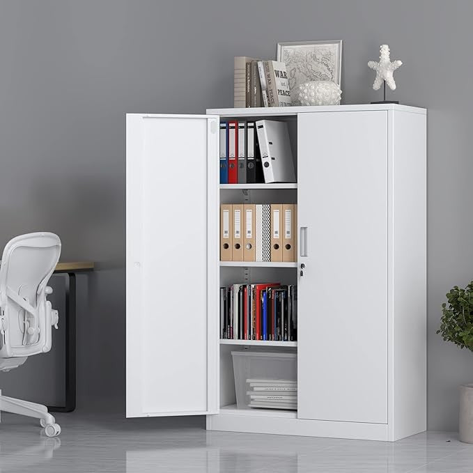 White Metal Storage Cabinet with Lock & 3 Adjustable Shelves Office Cupboard