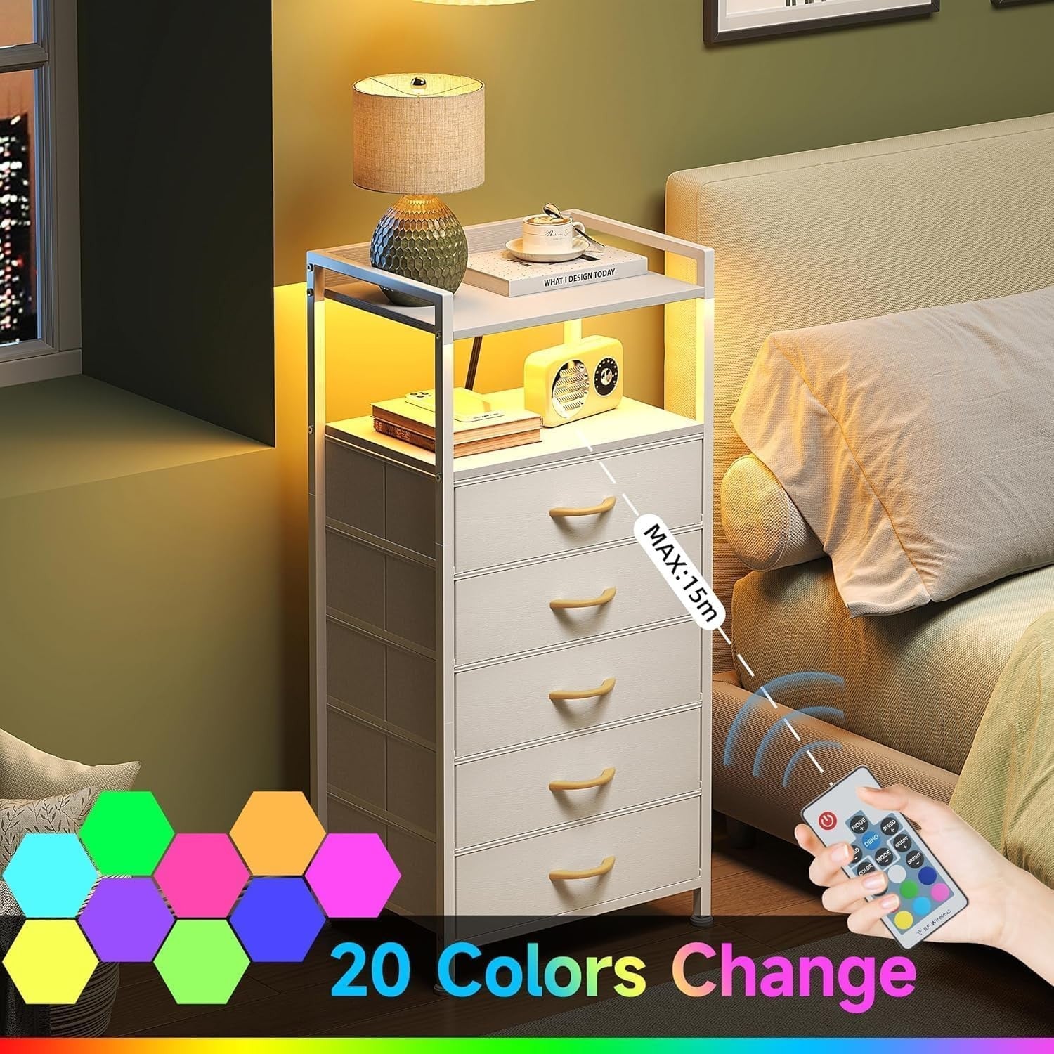 Tall White LED Bedside Table with Charging Ports 5-Drawer Modern Storage Unit