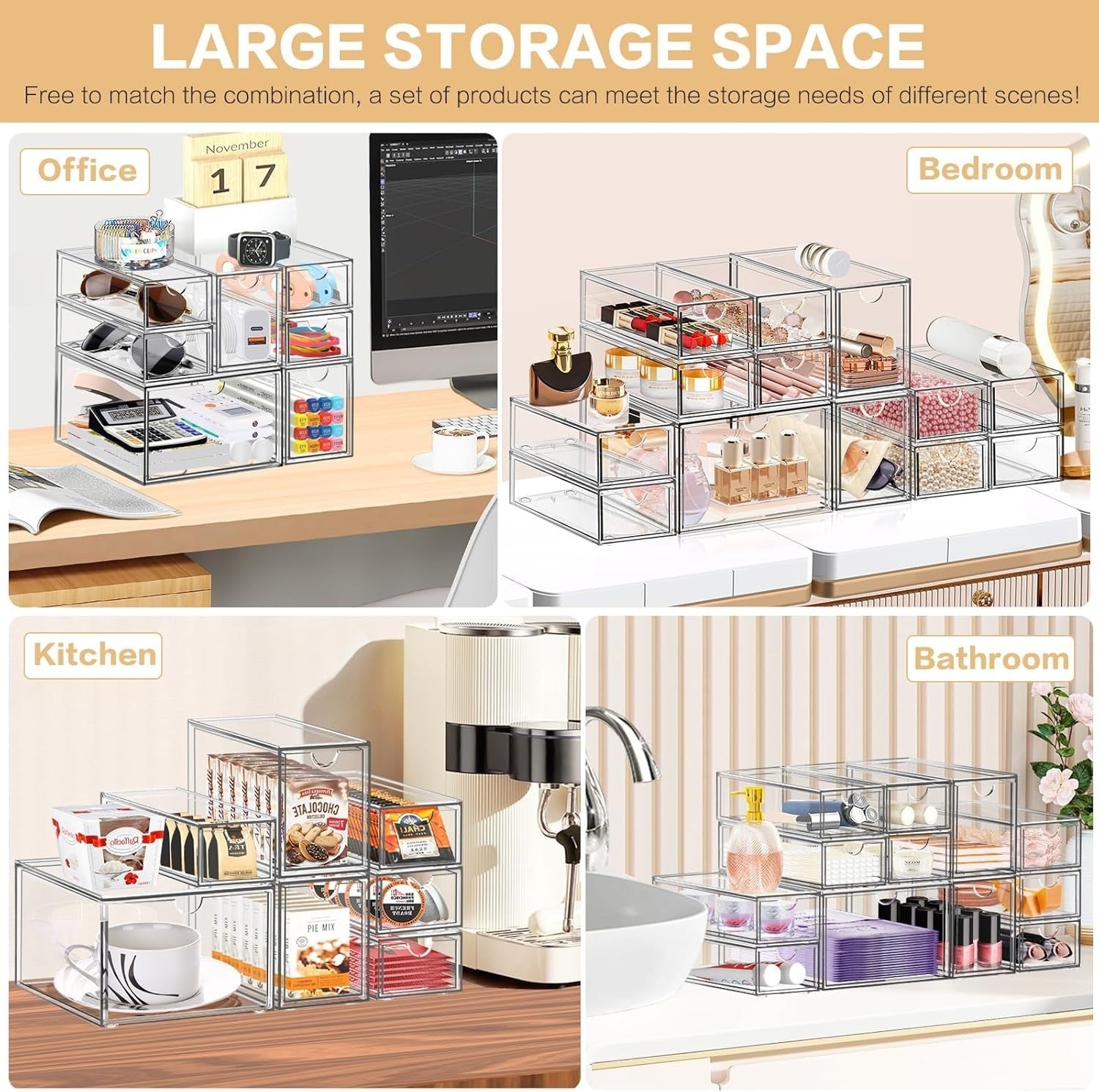 14-Drawer Acrylic Desk Organizer Stackable Storage for Makeup & Office
