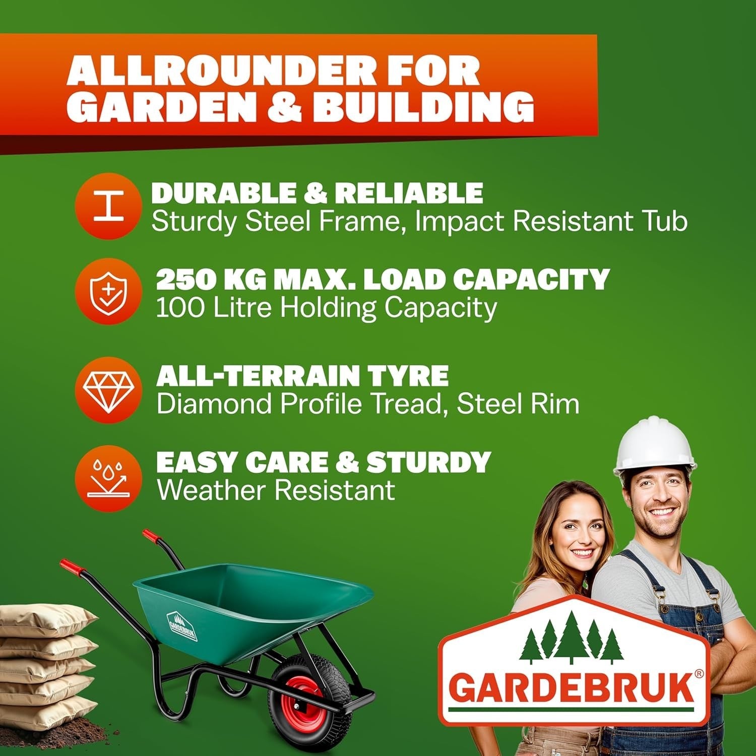 100L Garden Wheelbarrow – Polypropylene Tub w/ Steel Frame Tyre 250kg Load