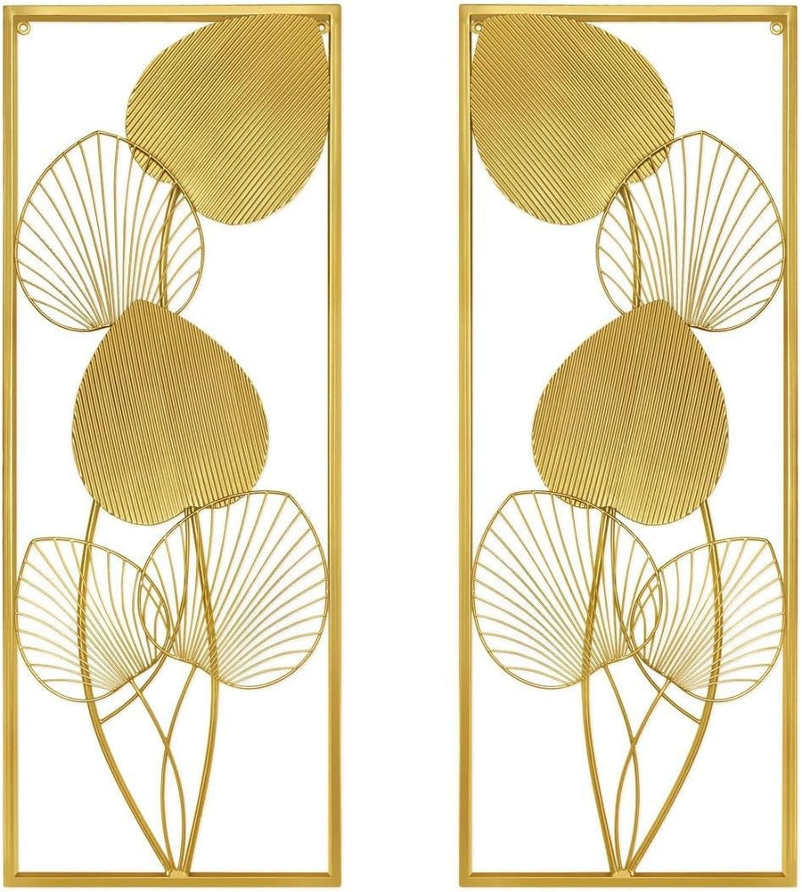 2Pcs Gold Metal Leaf Wall Art 32x12in Framed Panels